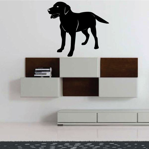 Panting dog silhouette decal, black standing dog in side profile