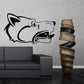 Stylized wolf head decal: black outline with snarling teeth and open mouth.