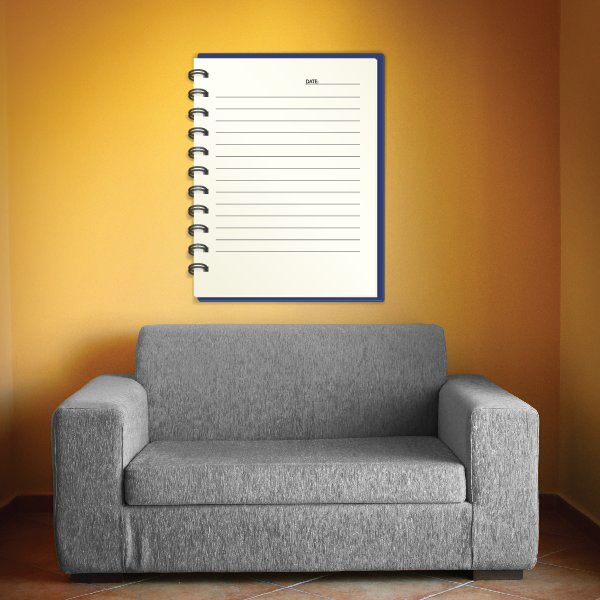 Spiral paper notebook wall decal with blue border and lined pages