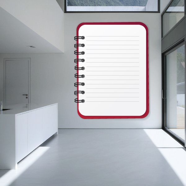 Notebook wall decal with red border, black spiral rings, lined white pages