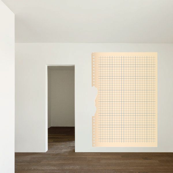 Grid notebook-style wall decal, off-white paper sheet with punched ring holes