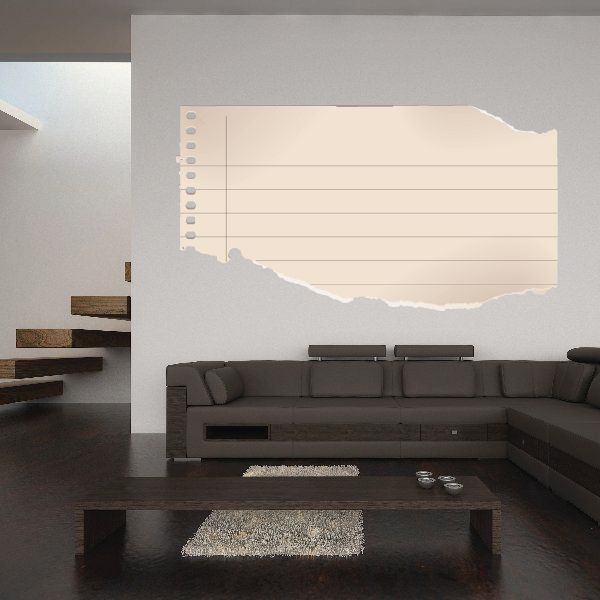 Paper notebook wall decal, cream torn-paper shape with lined pages and binder holes