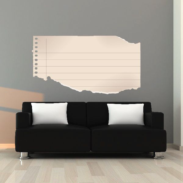 Vinyl wall decal of lined notebook page with torn edges and binder holes