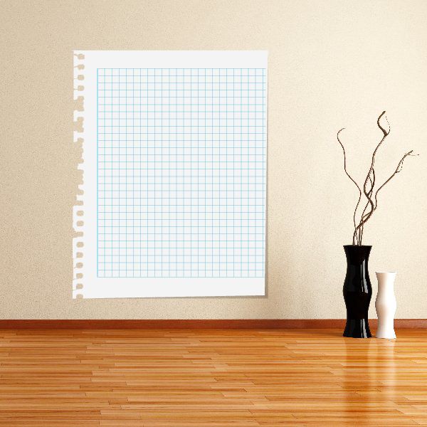Graph paper notebook wall decal with light blue grid and white margin binding