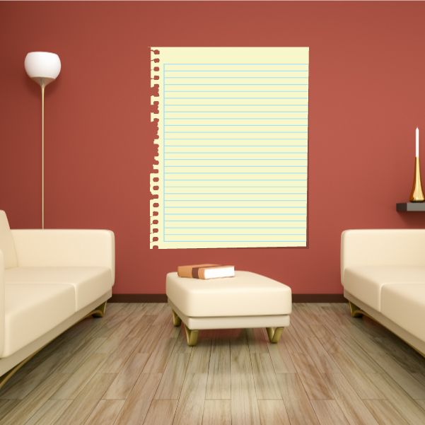 Notebook wall decal with lined paper sheet and spiral binding