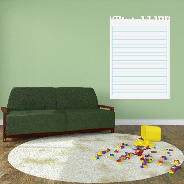 White paper notebook wall decal with blue lines and perforated top tabs