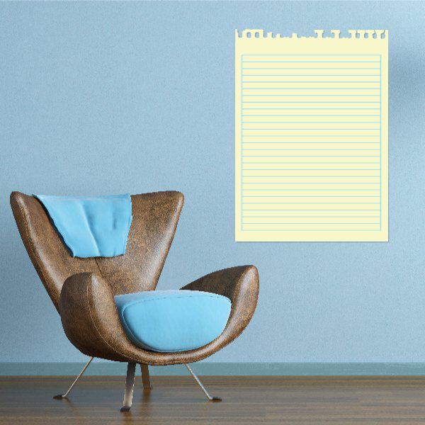 Lined paper wall decal with white sheet, blue tint lines, and binder strip