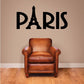 Paris text wall decal with Eiffel Tower between letters, black lettering.
