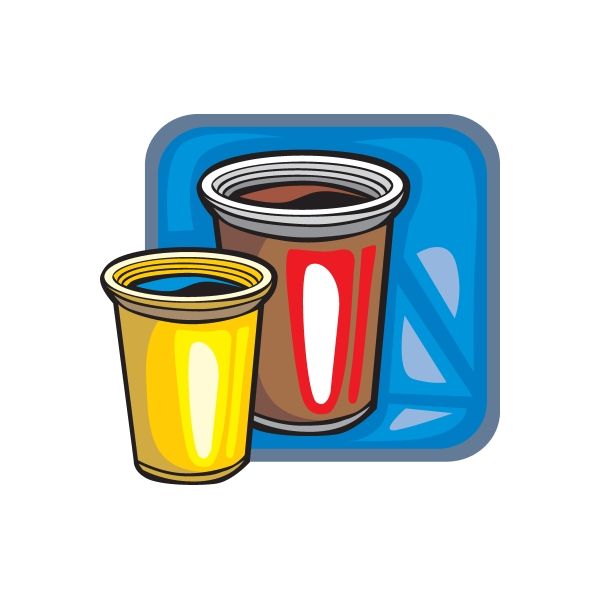 Party cups sticker with two cartoon drink cups, blue square backing
