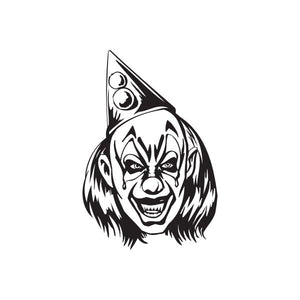 Clown head decal with party hat, black and white design