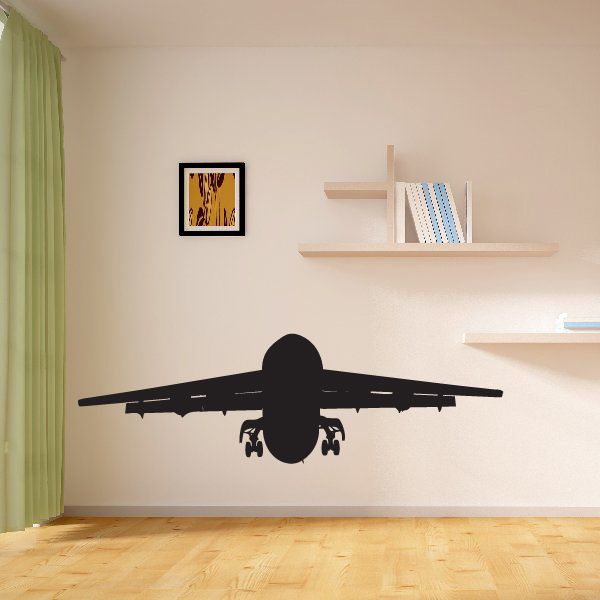 Black airplane takeoff wall decal with side-view fuselage and wings