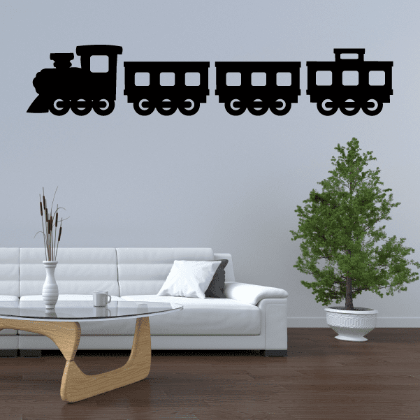 Passenger train wall decal, black locomotive and cars with rectangular windows