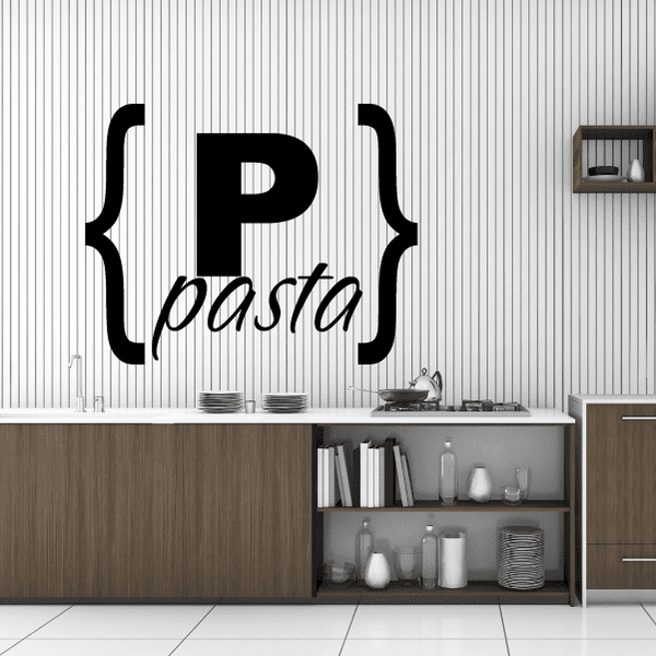 Pasta bracket wall decal with black curly brackets and cursive pasta lettering