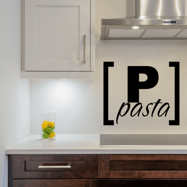 Black bracket-style pasta wall decal with lowercase script 'pasta'.