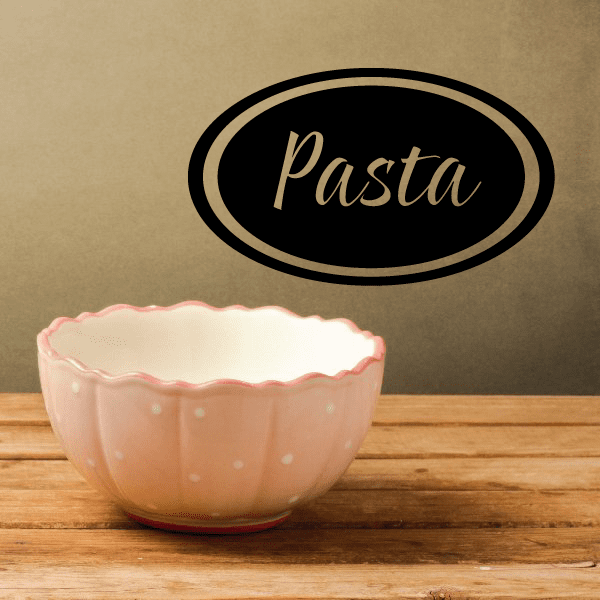 Oval Pasta decal with black center and gold oval border, 'Pasta' script