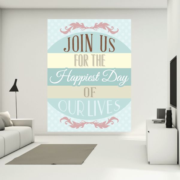 Wedding wall sticker with pastel stripes and 'Join us for the Happiest Day of Our Lives'