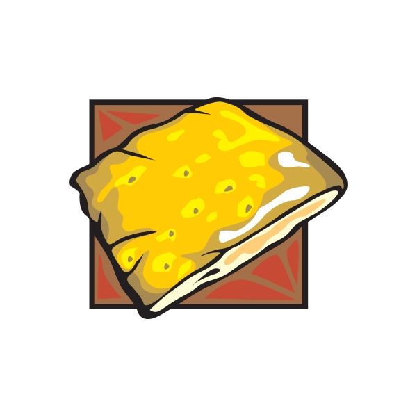 Pastrie sticker of a yellow cartoon slice with white crust outline and brown border