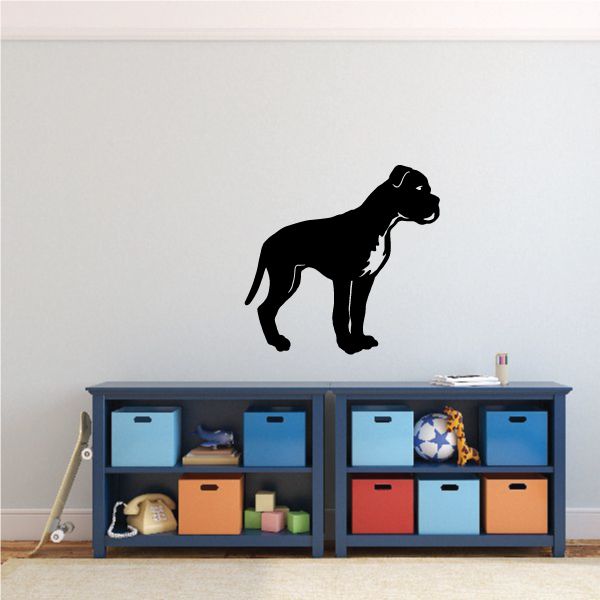 Patched boxer dog looking decal, black dog silhouette with stitched patch detail