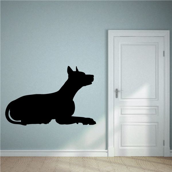 Patient Doberman Pinscher decal, black dog silhouette in side profile sitting.
