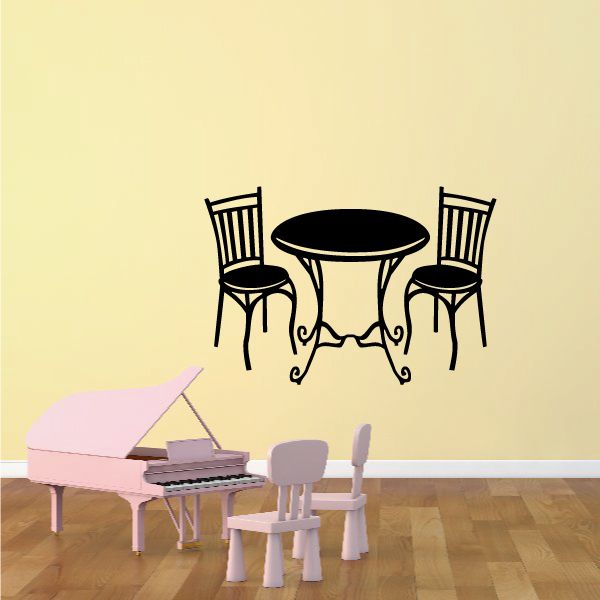 Patio chair and table wall decal set with three black chairs and round table