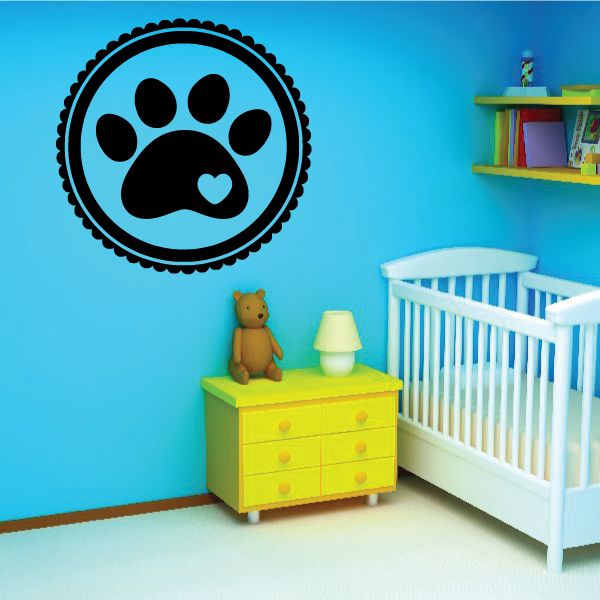 Paw stamp decal with black paw print in a circular blue border
