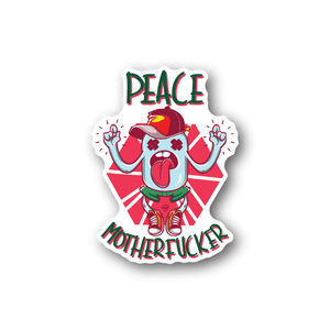 White vinyl sticker with red cartoon astronaut and 'PEACE MOTHERFUCKER' text