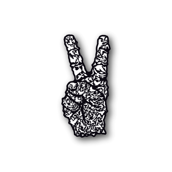 Vinyl peace sign sticker with birds collage, white shapes on dark fill