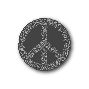 Circular peace sign music collage vinyl sticker with notes, dark gray