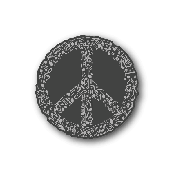 Circular peace sign music collage vinyl sticker with notes, dark gray