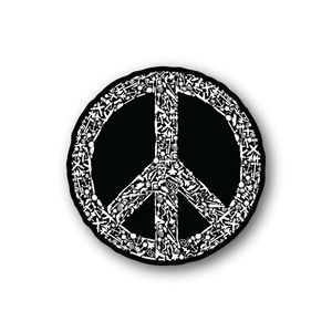 Vinyl sticker, black circular Peace sign with white weapons collage graphic