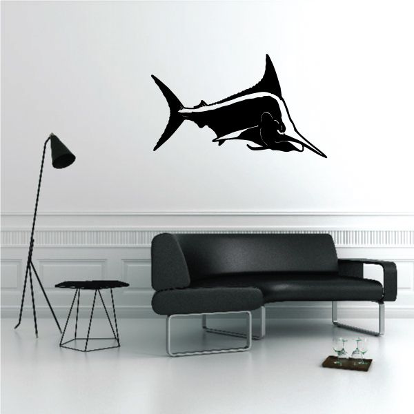 Marlin wall decal in black silhouette, angled fish design