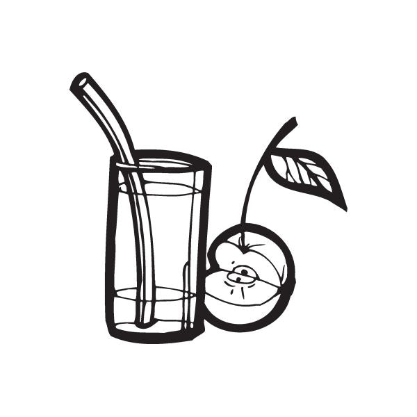 Peach juice decal with black line art of a tall glass with straw and a peach