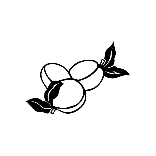 Peach fruit decal with leaf, black outline.