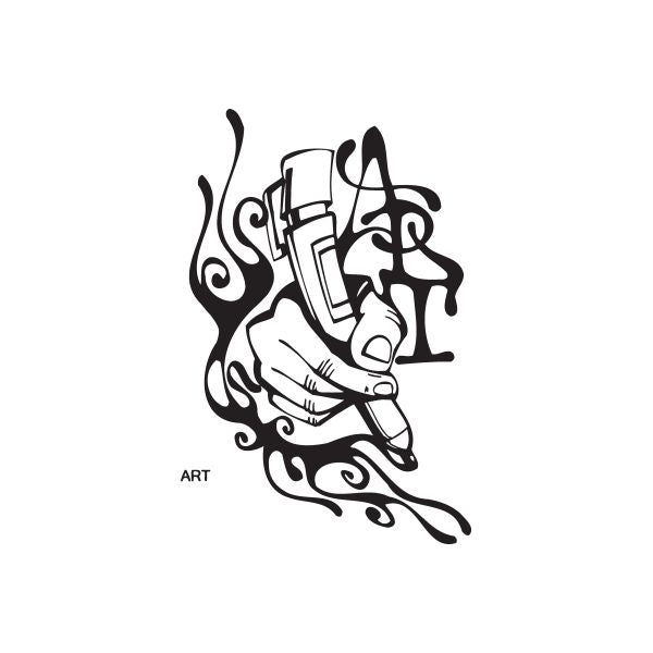 Graffiti-style pen art decal in black with stylized tag and line details