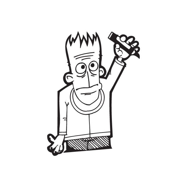 Pen graffiti artist decal, black-and-white cartoon holding a pen and spray can