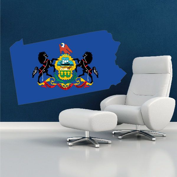 Pennsylvania state flag sticker in blue outline with coat of arms and figures