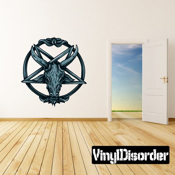 Pentagram with Baphomet vinyl decal, dark teal and black circular emblem
