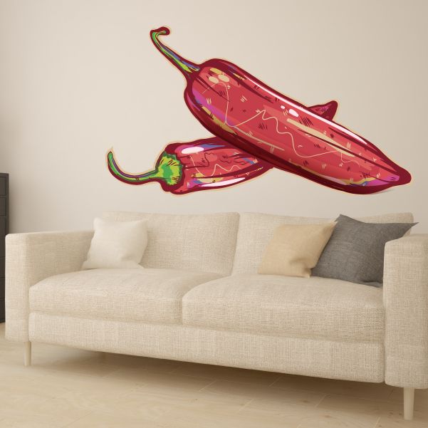 Wall decal of a red chili pepper with green stem and accents.