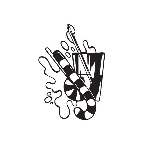Peppermint soda decal: black stylized soda cup, straw, peppermint stripes