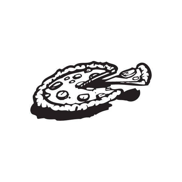 Pepperoni pizza decal, black-and-white cartoon slice illustration