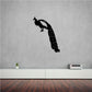 Perched peacock wall decal, black bird silhouette with detailed feathers.