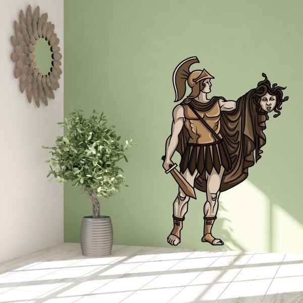 Perseus with Medusa head character sticker, brown and black illustration