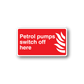 Petrol pumps switch off here sticker, red with white border and flame icons