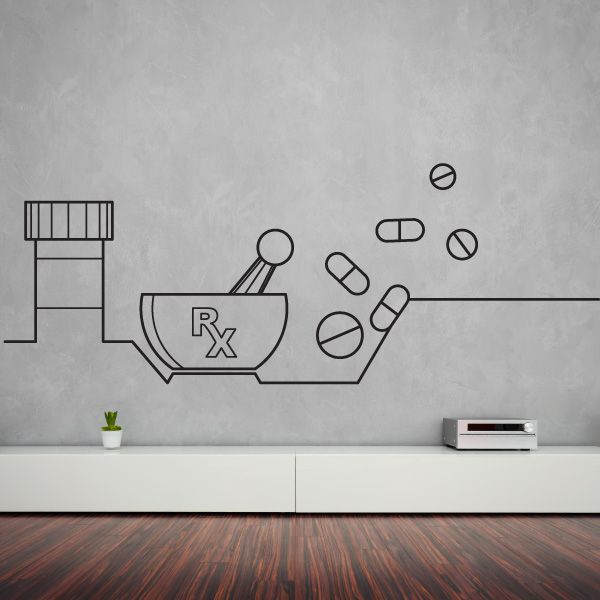 Pharmacist wall decal with Rx mortar, pestle, and capsule icon outlines
