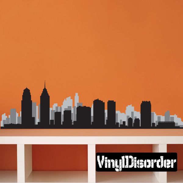 Vinyl skyline decal with dark city buildings and light window highlights