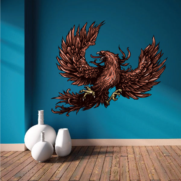 Phoenix bird sticker with wings spread in brown and gold
