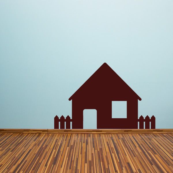 House wall decal with maroon roof, white windows and door, and white picket fence