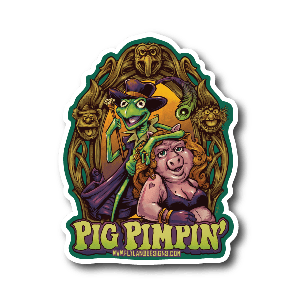 Vinyl sticker with illustrated pig characters and “Pig Pimpin” text