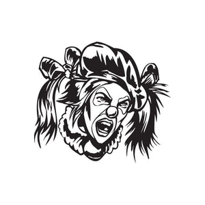 Pigtail clown head decal, black-and-white illustrated face with pigtails