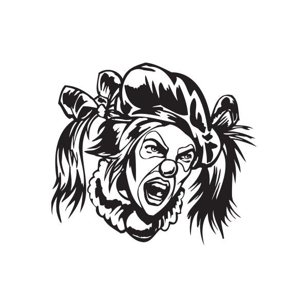 Pigtail clown head decal, black-and-white illustrated face with pigtails